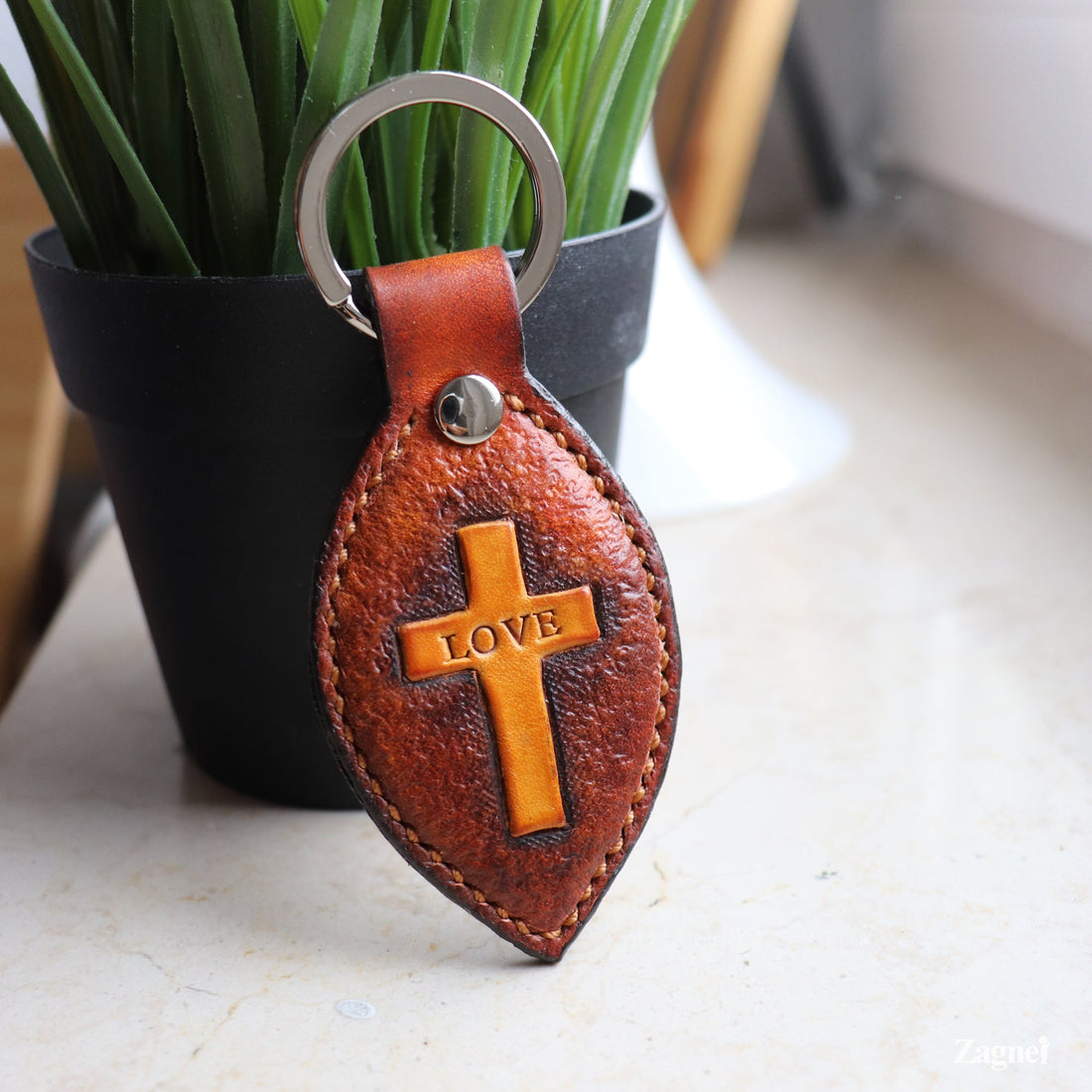 Leather Keychain with Carving